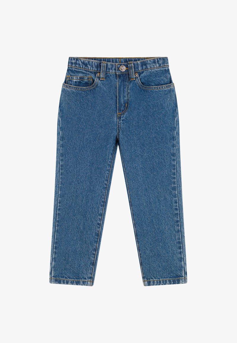 Jeans in denim blu con gamba dritta, dotati di cinque tasche, cuciture gialle e un bottone in metallo in vita. Texture liscia.