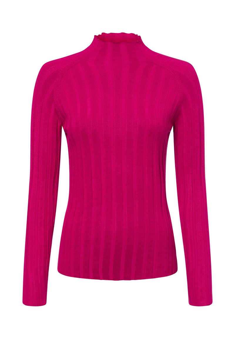 Megan  langärmliger Rollkragenpullover in leuchtendem Pink, mit geripptem Textil und einem fransigen Abschluss am Ausschnitt.