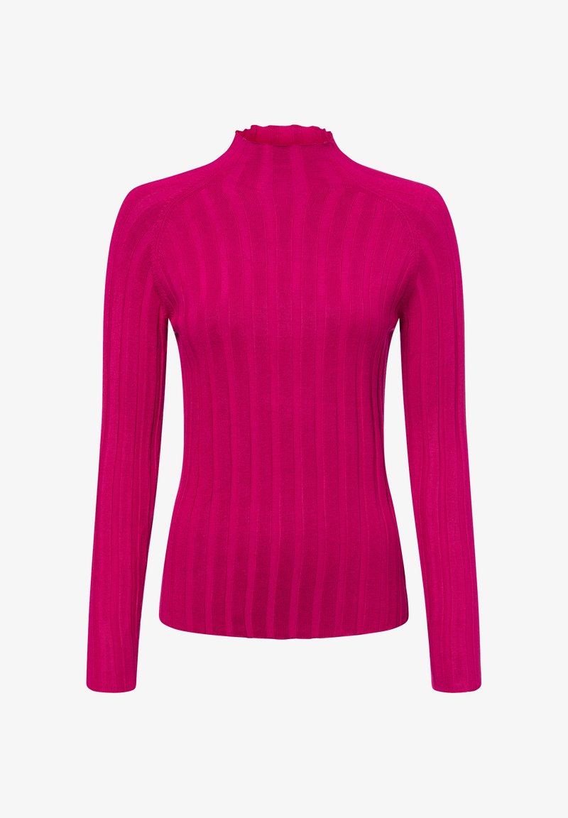 Aansluitende lange mouwen turtleneck trui in felroze, met een geribbelde textuur en een gerimpelde afwerking bij de halslijn.