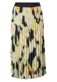 Falda midi plisada con un patrón multicolor en tonos de verde, amarillo, negro y azul. Cintura negra; tela ligera.