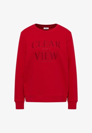 Czerwona bluza z okrągłym dekoltem, długimi rękawami i ściągaczami. Zawiera wyszyty tekst: "WYRAŹNE SPOJRZENIE REFLEKSJI". Miękka tkanina.