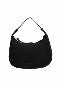 Borsa a tracolla in nylon nero con forma curvata, una sola tracolla e chiusura superiore a zip. Presenta un design minimalista e una superficie liscia.