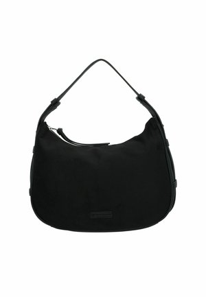 Schwarze Nylon-Handtasche mit einer geschwungenen Form, einem einzelnen Schulterriemen und einem Reißverschluss oben. Merkmale ein minimalistisches Design und eine glatte Textur.