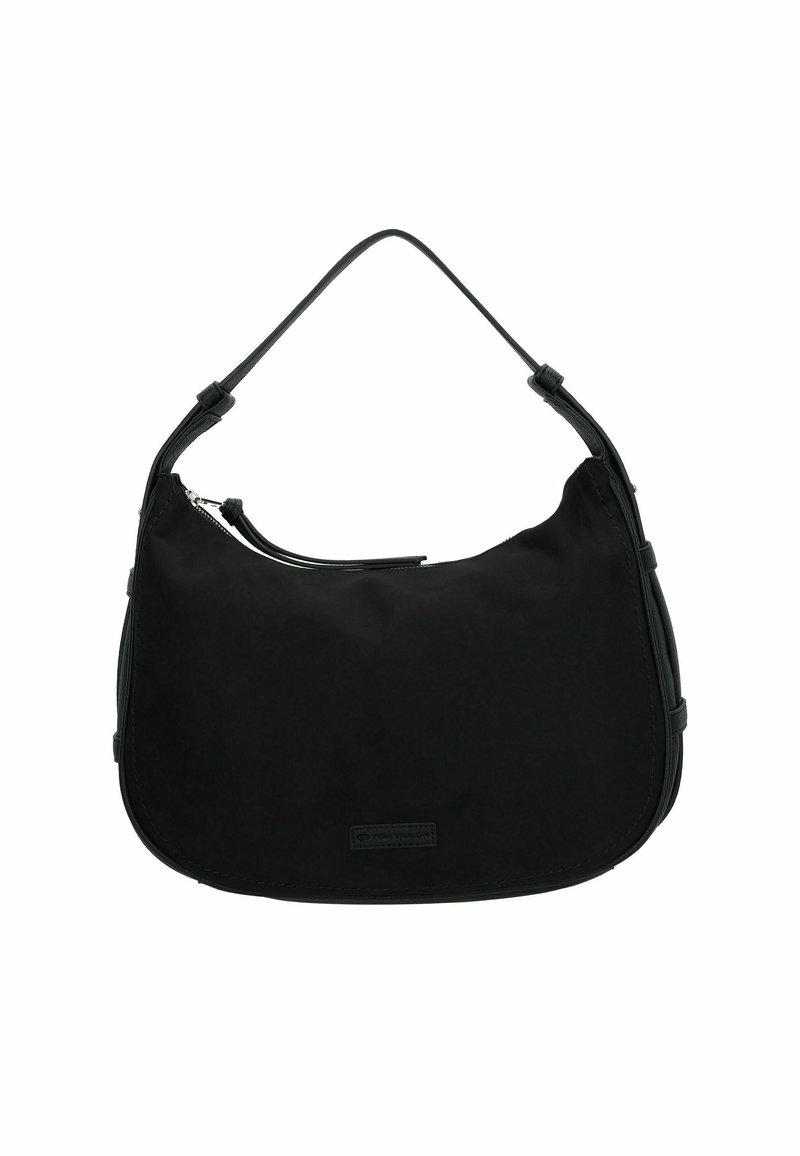 Borsa a tracolla in nylon nero con forma curvata, una sola tracolla e chiusura superiore a zip. Presenta un design minimalista e una superficie liscia.