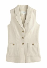 Blazer sin mangas de lino beige con cuello de solapa, cuatro botones frontales y dos bolsillos con botones.