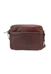 Borsa a tracolla in pelle marrone con texture liscia, forma rettangolare, chiusura con zip e tracolla regolabile, dotata di una tasca frontale per riporre oggetti.