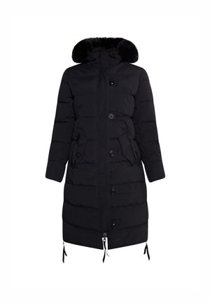 Fekete puffkabát műszőrme kapucnival, cipzáras és gombos záródással, oldalsó zsebekkel és állítható húzózsinórral az alján. Tűzött textúra.