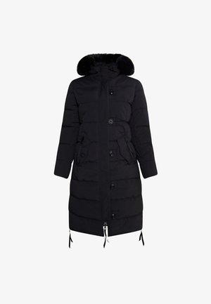 Zwarte pufferjas met een nep bont capuchon, rits- en knoopsluiting, zijzakken en verstelbare trekkoorden aan de onderkant. Gequiltde textuur.