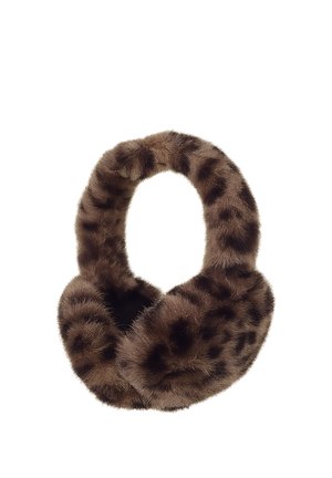 Soft brown faux fur earmuffs with a dark spotted leopard print pattern.