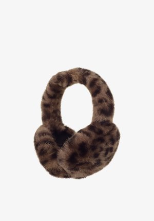 Soft brown faux fur earmuffs with a dark spotted leopard print pattern.