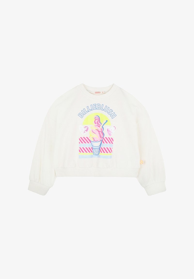 Felpa corta bianca con una grafica colorata di gelato e il testo "BILLIEBLUSH." Texture morbida con polsini e orlo a costine.