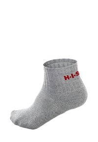 Šedá kotníková ponožka s žebrovanou strukturou, na bocích s červeným logem "H.I.S". Navržena pro pohodlí a standardní střih.