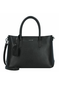 Schwarze Handtasche mit strukturiertem Design, aus texturiertem synthetischem Material. Verfügt über zwei Griffe, einen abnehmbaren Schultergurt und ein Gepäcktag.