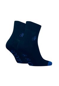 Dunkelblaue Baumwollknöchelsocken mit hellblauen Aufschriften und Zehenakzenten. Rippbündchen mit glatter Textur. Gezeigtes Paar.