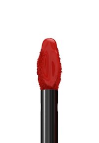Rossetto liquido rosso su un applicatore nero con punta testurizzata e in fibra. Il prodotto appare lucido e vibrante nel colore.