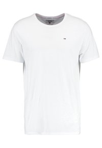 White cotton t-shirt with a round neckline, short sleeves, and a small logo on the chest. Smooth texture, casual fit.