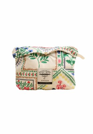 Składana torba o kremowym tle, z kolorowymi wzorami kwiatowymi i akcentami geometrycznymi. Zawiera metkę z logo marki oraz metalowe zapięcie na guzik.