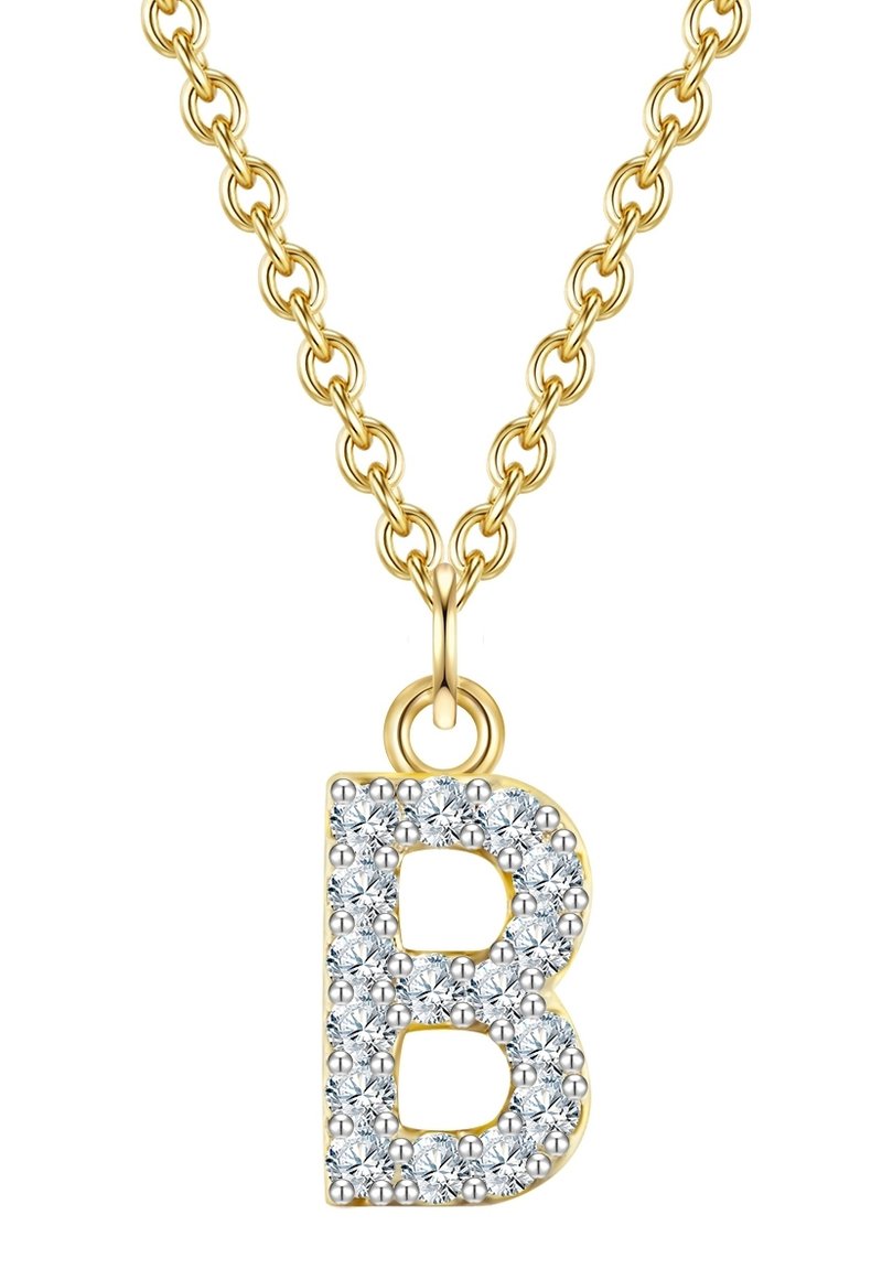 Zelta ķēdes kaklarota ar lielu, dimantiem rotātu burtu "B" piekariņu. Piekariņš ir izrotāts ar mazām sudraba pērlītēm.