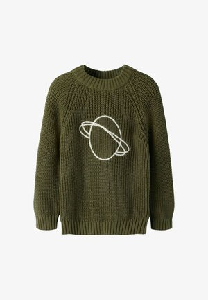 Mørkegrøn strikket sweater med ribkrave, ærmer og kant, med et hvidt abstrakt planetdesign med ringe foran.