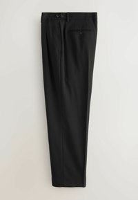 Black trousers made of smooth fabric, featuring a flat front, two front pockets, and a single rear pocket with button closure.
