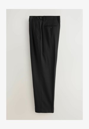 Černé kalhoty vyrobené z hladké tkaniny, se skládaným předním dílem, dvěma předními kapsami a jedinou zadní kapsou se zapínáním na knoflík.