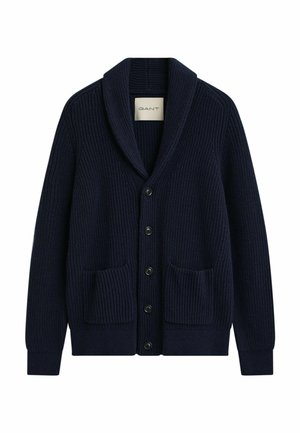 Marineblauer gerippter Strickcardigan mit Schalkragen, fünf schwarzen Knöpfen auf der Vorderseite und zwei vorderen aufgesetzten Taschen.