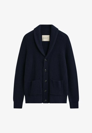 Marineblauer gerippter Strickcardigan mit Schalkragen, fünf schwarzen Knöpfen auf der Vorderseite und zwei vorderen aufgesetzten Taschen.