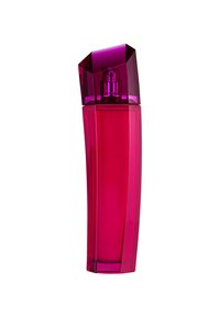 Duftflaske med en høy, vinklet design. Laget av gjennomsiktig rosa plast med et geometrisk lilla lokk og en sylinderformet kropp.