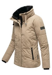 Beige padded jacket with a faux fur-lined collar, zippered pockets, and a black accent logo. Features long sleeves and a fitted design.
