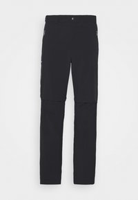 Zwarte, lichtgewicht, afritsbare broek met een gladde textuur. Kenmerkt zich door een knoopsluiting en zijzakken met rits voor opbergruimte. Geschikt voor gebruik buitenshuis.
