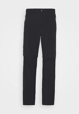 Zwarte, lichtgewicht, afritsbare broek met een gladde textuur. Kenmerkt zich door een knoopsluiting en zijzakken met rits voor opbergruimte. Geschikt voor gebruik buitenshuis.