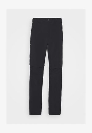 Zwarte, lichtgewicht, afritsbare broek met een gladde textuur. Kenmerkt zich door een knoopsluiting en zijzakken met rits voor opbergruimte. Geschikt voor gebruik buitenshuis.