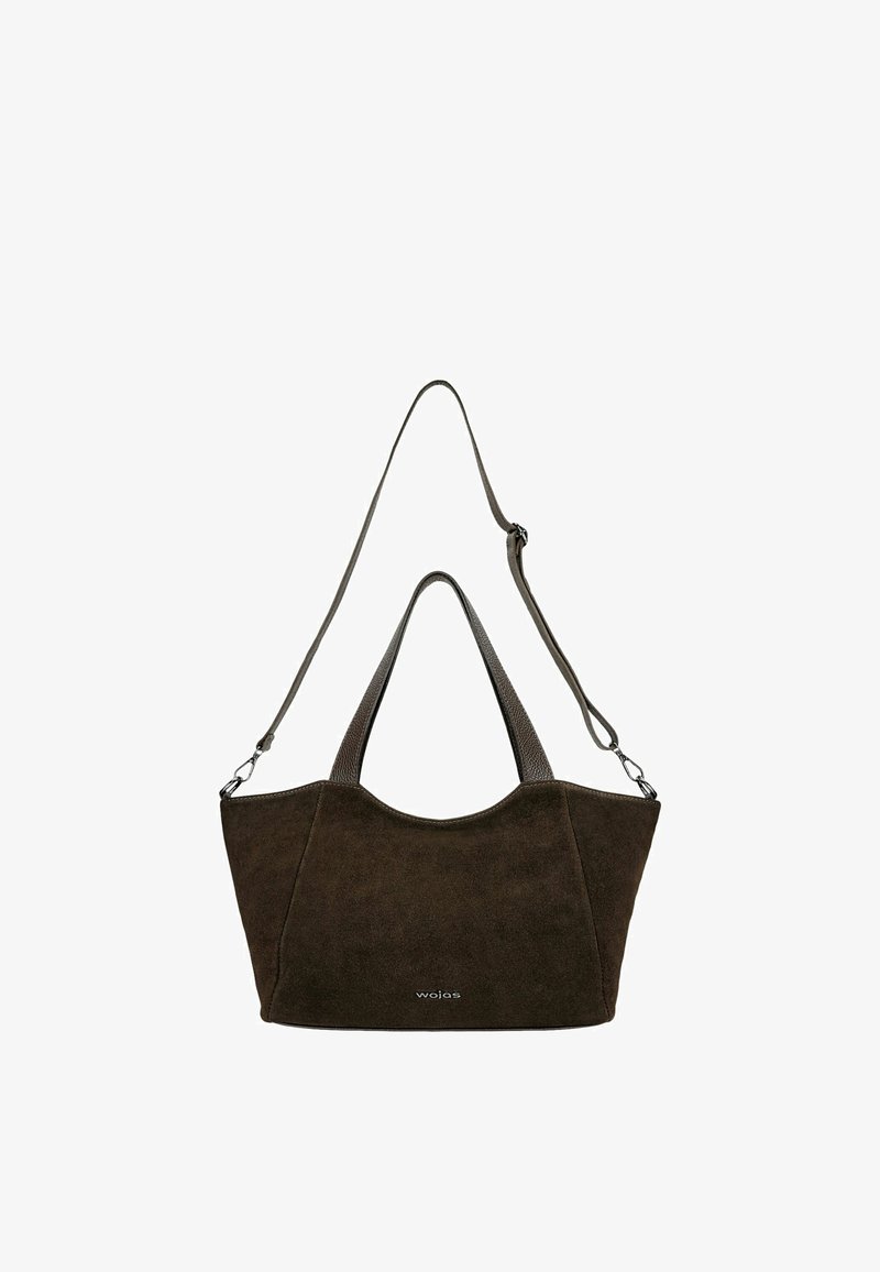 Sac à main en daim marron foncé avec poignées courtes et une bandoulière longue réglable, affichant un petit logo "wojas" à l'avant.