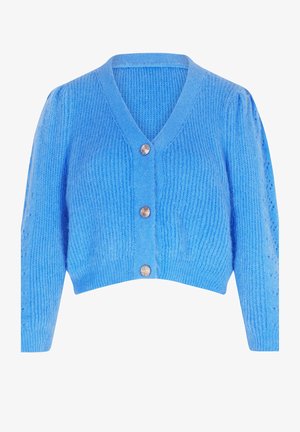 Cardigan curto azul claro com decote em V, textura de malha, quatro botões decorativos e punhos canelados. Apresenta detalhes de furinhos nas mangas.