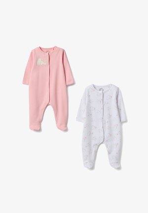 Due tutine per neonati: una rosa tinta unita con gambe con piedini e una bianca con un motivo di piccoli animali grigi. Entrambe presentano chiusure frontali con bottoni a pressione.