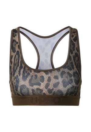 Sportstop med brunt og sort blomstermønster i blonde og racerback-design, med en solid brun elastisk kant nederst.