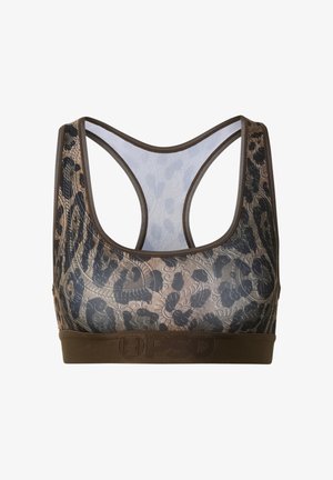 Sportovní podprsenka s hnědým a černým květinovým krajkovým vzorem a designem racerback, s pevnou hnědou elastickou páskou ve spodní části.