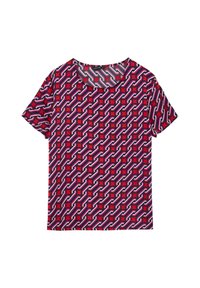 T-shirt a maniche corte in rosa, rosso e bianco con un motivo geometrico a catena. Collo rotondo, texture morbida, tessuto leggero.