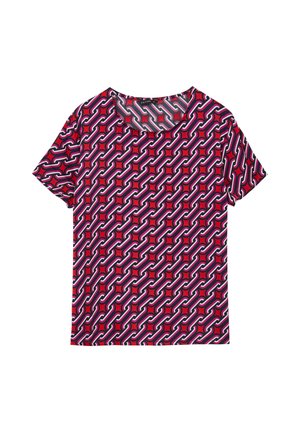 T-shirt à manches courtes en rose, rouge et motif géométrique de chaîne blanche. Col rond, texture douce, tissu léger.