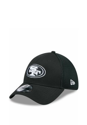 Black baseball cap with white "SF" logo on front, mesh back panels, and a curved brim with a size sticker.