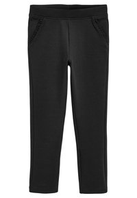 Schwarze Stretchhosen mit einem elastischen Bund, zwei Seitentaschen und rüschierten Akzenten entlang der Taschenränder. Glatte Stoffoberfläche.