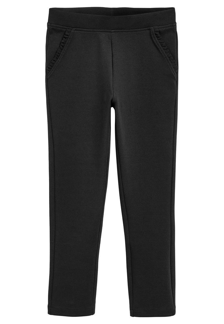 Schwarze Stretchhosen mit einem elastischen Bund, zwei Seitentaschen und rüschierten Akzenten entlang der Taschenränder. Glatte Stoffoberfläche.
