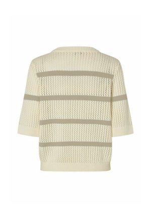 Bézs rövid ujjú kötött pulóver áttört mintával és vízszintes világosszürke csíkokkal a hátulsó részen és az ujjakon.