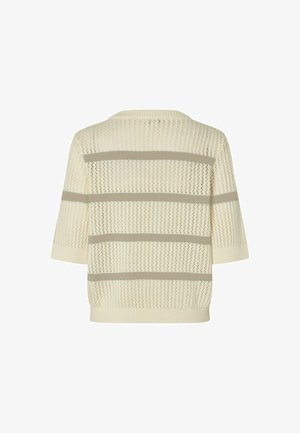 Beige kortemouwen gebreide trui met opengewerkt patroon en horizontale lichtgrijze strepen over de rug en mouwen.