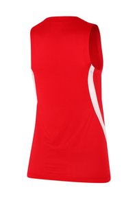 Rood mouwloos sportshirt gemaakt van gestructureerde stof, met witte zijaccenten en een ronde hals. Achteraan is een gladde afwerking zichtbaar.