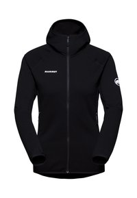 Black Mammut jacket with a full zip and hood. Features smooth fabric, long sleeves, side pockets, and a logo on the chest and sleeve.