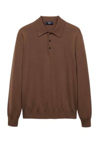 Braunes Langarm-Polohemd aus weichem Material, mit einem Kragen und einer Drei-Knopf-Leiste, sowie gerippten Bündchen und Saum.