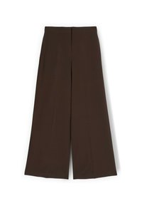 Bruine wijde broek met een gladde textuur, voorzien van een hoge taille, nette plooien en een strakke, rechte silhouet.