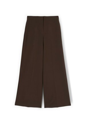 Bruine wijde broek met een gladde textuur, voorzien van een hoge taille, nette plooien en een strakke, rechte silhouet.