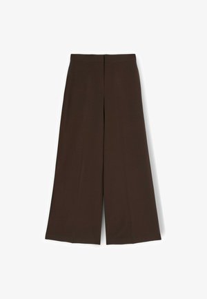 Bruine wijde broek met een gladde textuur, voorzien van een hoge taille, nette plooien en een strakke, rechte silhouet.